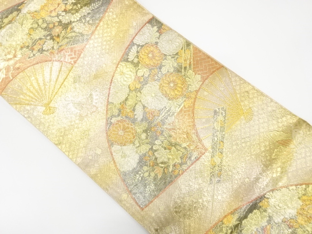 佐賀錦　扇面に菊・牡丹・蝶模様織り出し　袋帯